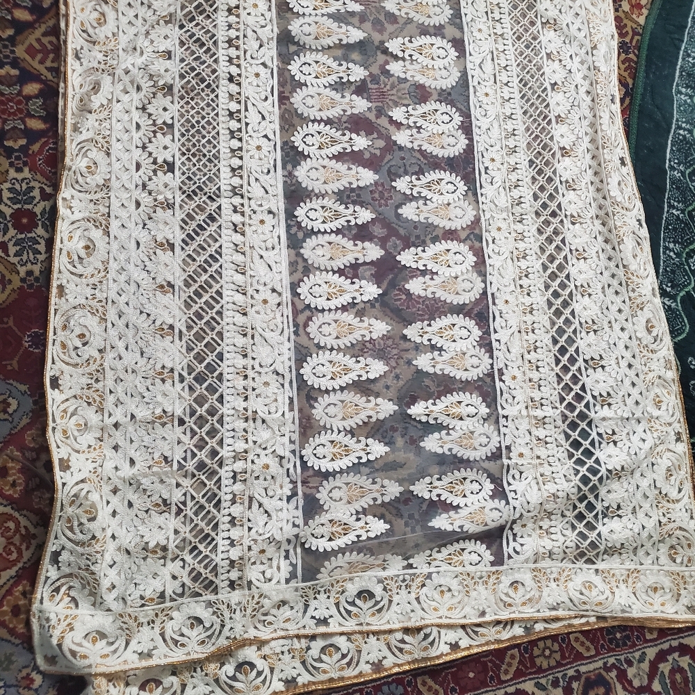 Beautiful white net shawl/dubatta/scarf with thread work
